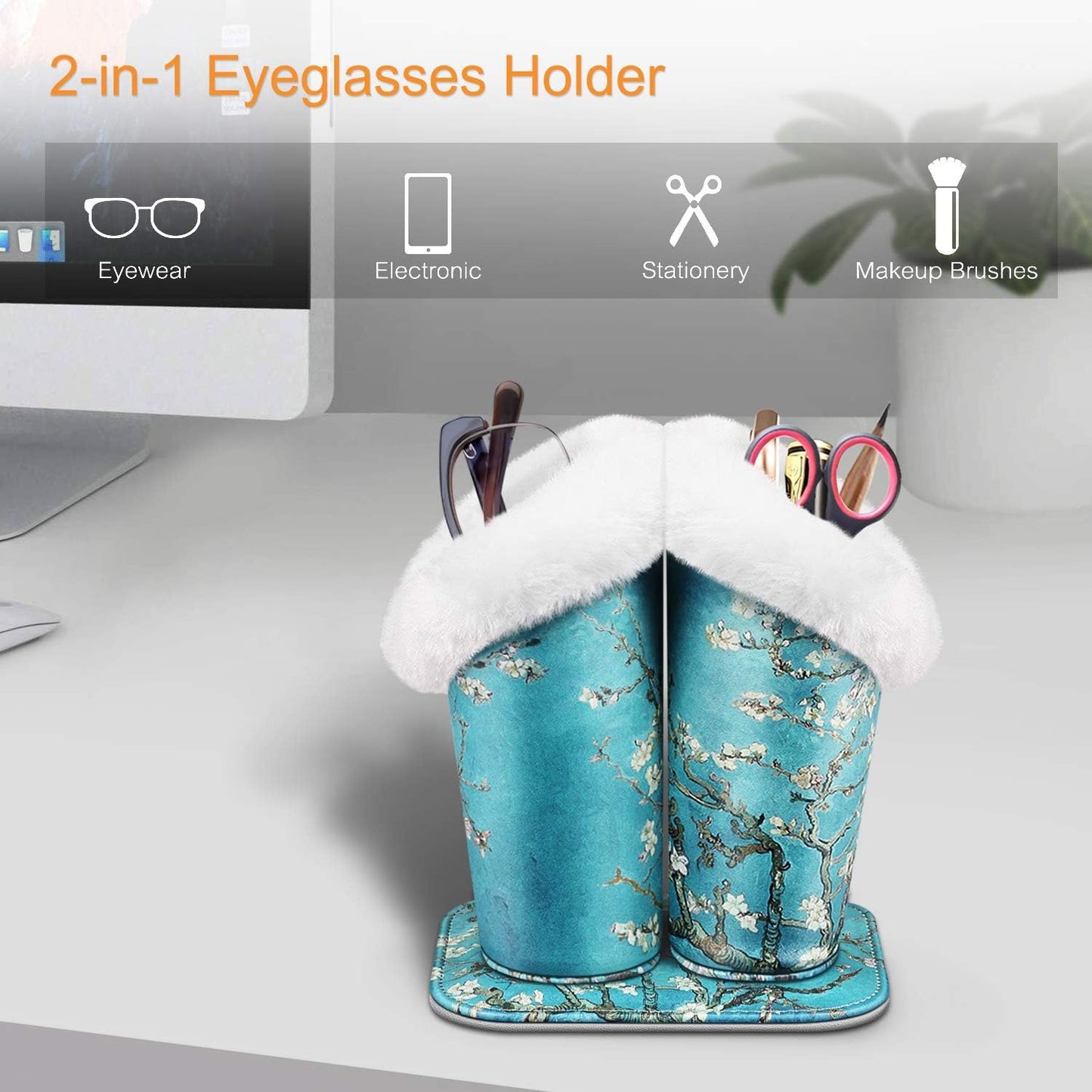 Plush Lined Double Eyeglasses Holder with Magnetic Base- Anti-Scratch Premium Vegan Leather Glasses Stand Case