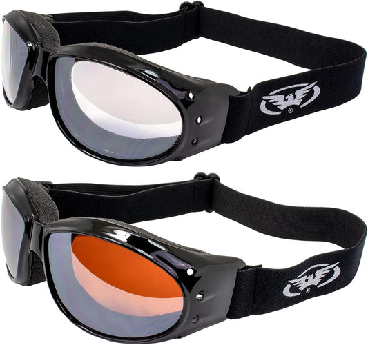 Motorcycle and ATV Riding Sunglasses - 2 Pairs with Clear and Driving Mirror Lenses